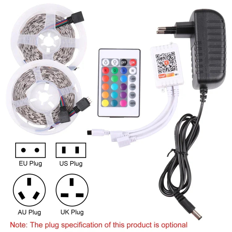 2個セット 裸基板 5050 SMD RGB LEDロープライト、30 LED/m、長さ：5m、12V 2A 100-240V、24キー落書きコントローラー付き、5050 SMD RGB LED、5m x 2