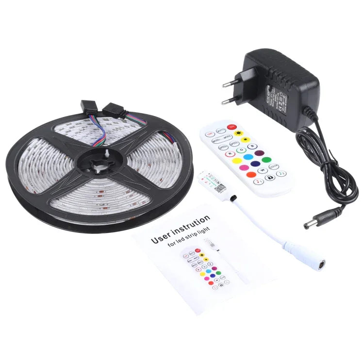 5m 150 LED SMD 5050 IP65防水 Bluetooth RGBライトストリップ 24キーリモコン付き、EUプラグ、5m 150 LED IP65