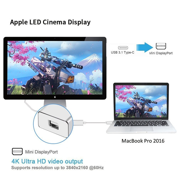USB-C / Type-C 3.1オスからMini DPメスHD変換アダプター、長さ：12cm、シルバー、ゴールド