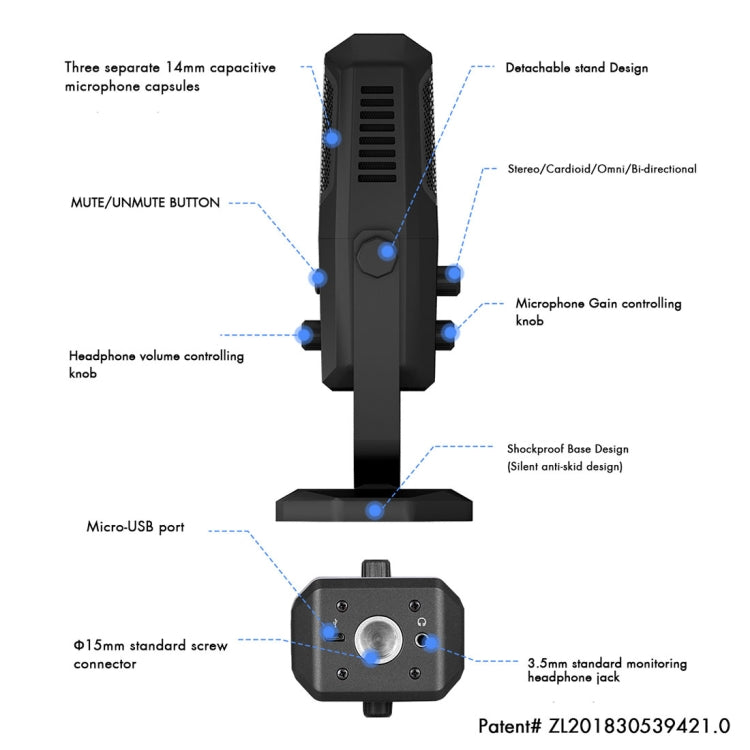 Yanmai SF-900 多機能 四指向性 スタジオ録音用コンデンサーマイク デスクトップスタンド付き