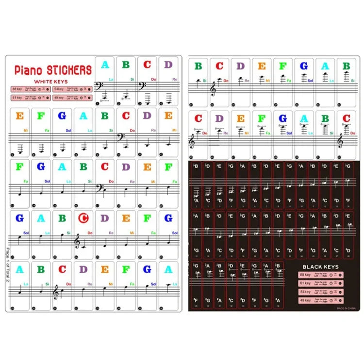 2枚セット 88 / 61 / 54 / 49鍵 ピアノ 電子オルガン キーボード ハンドロールピアノ 楽譜 音階 透明ステッカー、2枚セット 音階 透明ステッカー