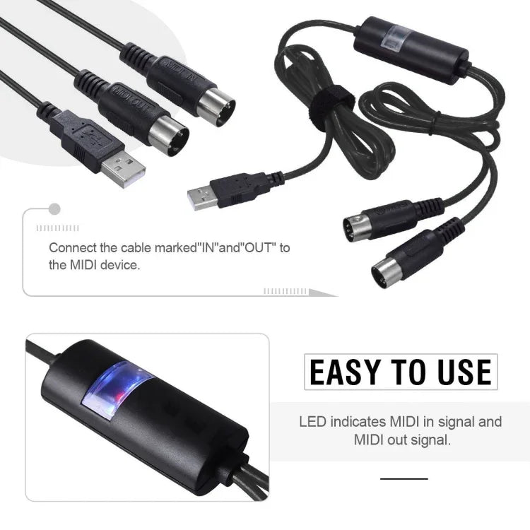 WERSI UM-18 USB MIDIケーブル MidiPort MIDIケーブル 電子ピアノ 電子ドラム 音楽編集用ケーブル、長さ：2m