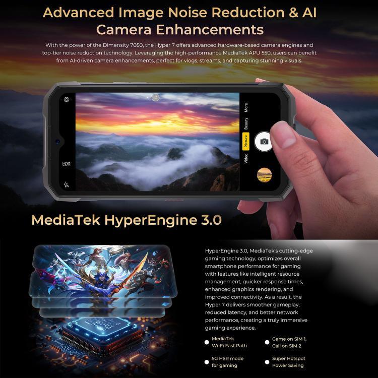 HOTWAV Hyper 7 耐衝撃スマホ、8GB+256GB、10800mAh、6.6インチ、Android 14、MediaTek Dimensity 7050 5G、ネットワーク：5G、OTG、NFC