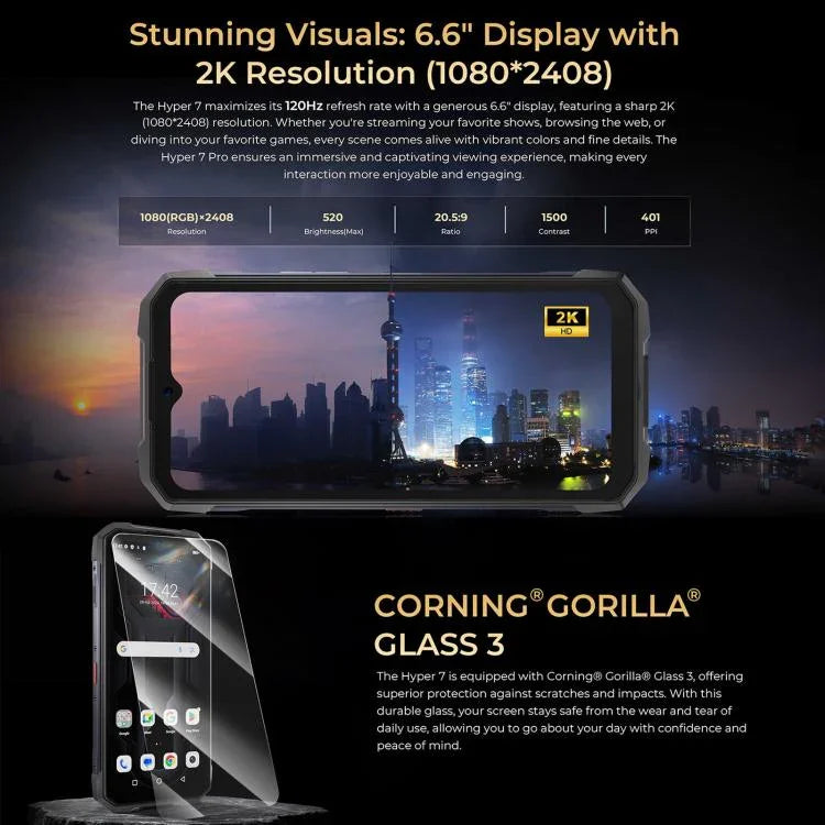 HOTWAV Hyper 7 耐衝撃スマホ、8GB+256GB、10800mAh、6.6インチ、Android 14、MediaTek Dimensity 7050 5G、ネットワーク：5G、OTG、NFC