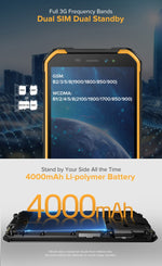 IP68/IP69K防水防塵耐衝撃、顔認証、4000mAhバッテリー、5.0インチAndroid 9.0 MTK6580A/W クアッドコア最大1.3GHz、ネットワーク：3G、Armor X6 2GB+16GB