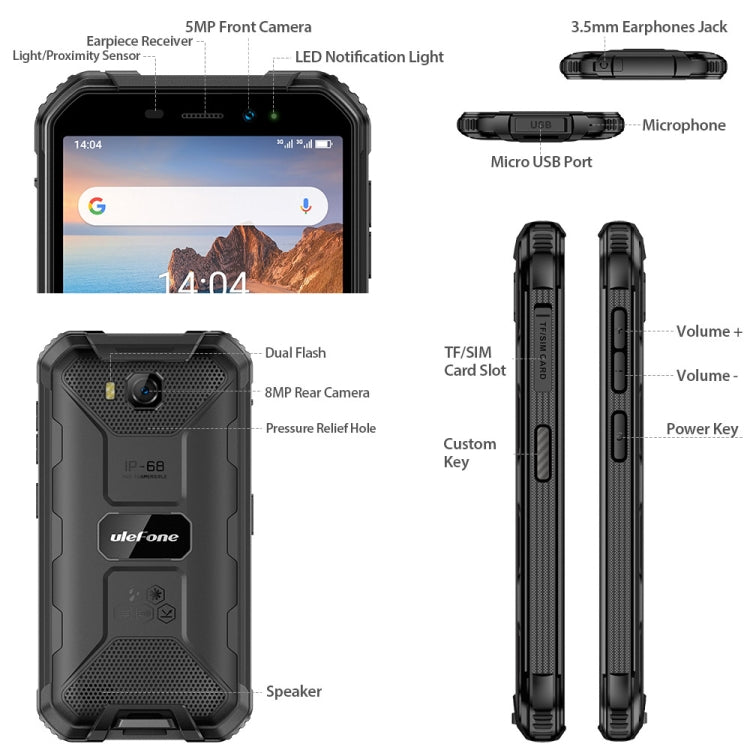 IP68/IP69K防水防塵耐衝撃、顔認証、4000mAhバッテリー、5.0インチAndroid 9.0 MTK6580A/W クアッドコア最大1.3GHz、ネットワーク：3G、Armor X6 2GB+16GB