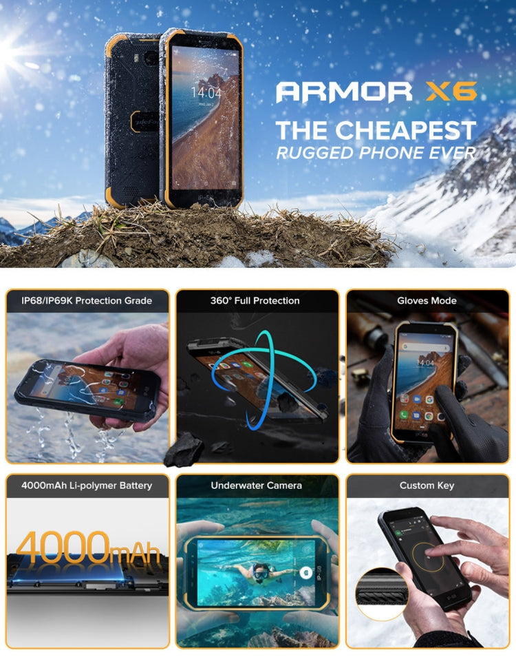 IP68/IP69K防水防塵耐衝撃、顔認証、4000mAhバッテリー、5.0インチAndroid 9.0 MTK6580A/W クアッドコア最大1.3GHz、ネットワーク：3G、Armor X6 2GB+16GB