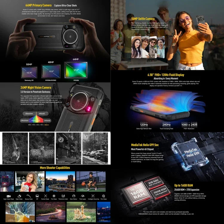 デュアル背面カメラ、IP68/IP69K 防水防塵耐衝撃、Face ID＆指紋認証、6.58インチ Android 13 MediaTek Helio G99 オクタコア 最大2.2GHz、ネットワーク：4G、OTG、NFC、グローバル版 Google Play対応、Armor 21