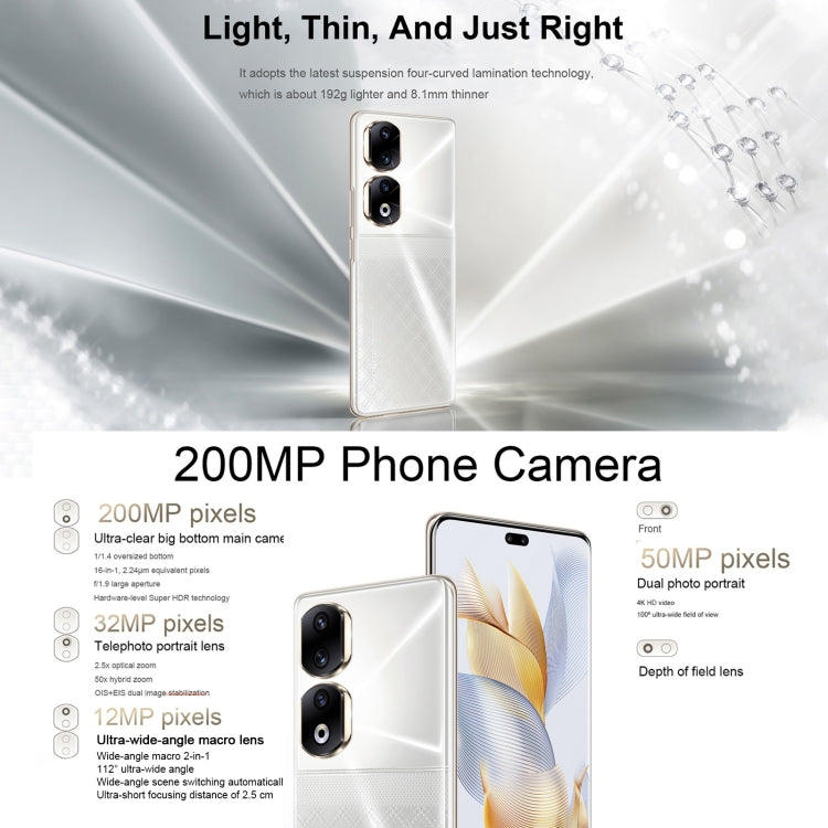 トリプル背面カメラ＋デュアル前面カメラ、画面内指紋認証、6.78インチ Magic UI 7.1 Android 13 Qualcomm Snapdragon 8+ Gen 1 オクタコア 最大3.0GHz、ネットワーク：5G、OTG、NFC、Google Play非対応、Honor 90 Pro 5G 12GB+256GB
