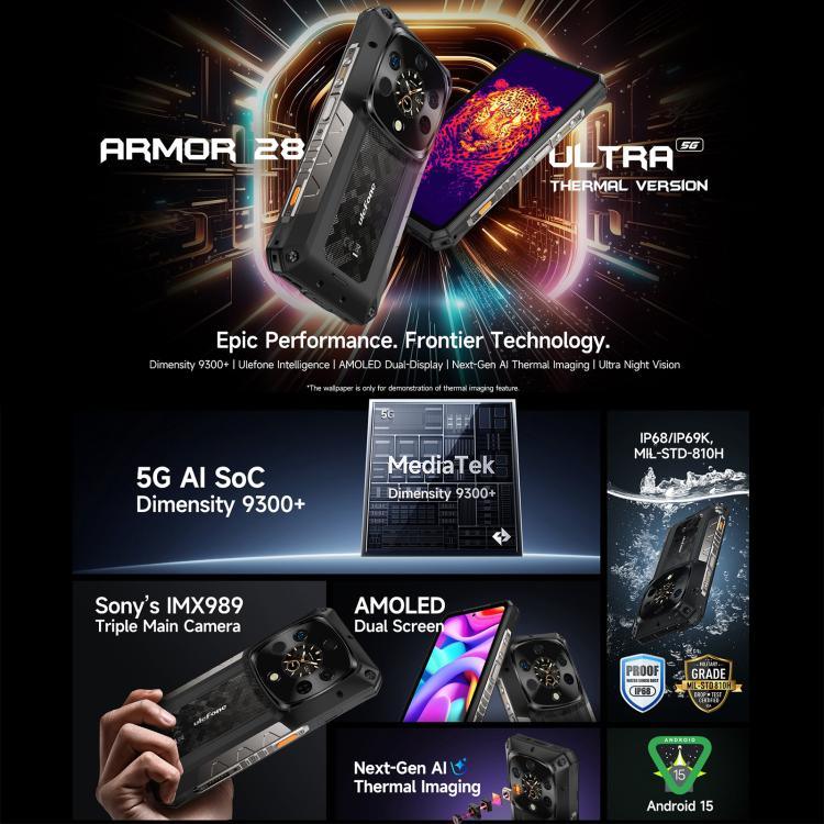 Ulefone Armor 28 Ultraサーマルバージョン 耐衝撃スマホ、16GB+1TB、ナイトビジョン、10600mAh、6.67インチ、Android 14、MediaTek Dimensity 9300+ オクタコア、ネットワーク：5G、NFC、Armor 28 Ultra サーマルバージョン