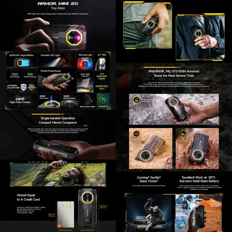 Ulefone Armor Mini 20、ナイトビジョン、8GB+256GB、IP68/IP69K ラギッドフォン、4.7インチ Android 14 MediaTek Dimensity 6300 オクタコア、ネットワーク：4G、NFC、OTG、Armor Mini 20