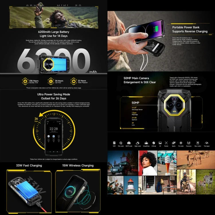 Ulefone Armor Mini 20、ナイトビジョン、8GB+256GB、IP68/IP69K ラギッドフォン、4.7インチ Android 14 MediaTek Dimensity 6300 オクタコア、ネットワーク：4G、NFC、OTG、Armor Mini 20