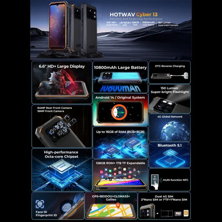 HOTWAV CYBER 13、IP68/IP69K ラギッドフォン、8GB+128GB、10800mAh、6.6インチ Android 14.0 Unisoc T606 オクタコア、ネットワーク：4G、NFC、OTG