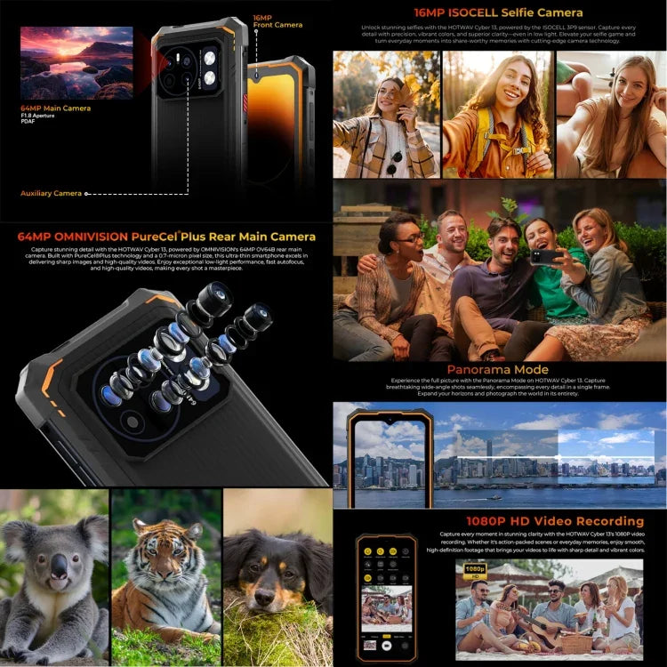 HOTWAV CYBER 13、IP68/IP69K ラギッドフォン、8GB+128GB、10800mAh、6.6インチ Android 14.0 Unisoc T606 オクタコア、ネットワーク：4G、NFC、OTG