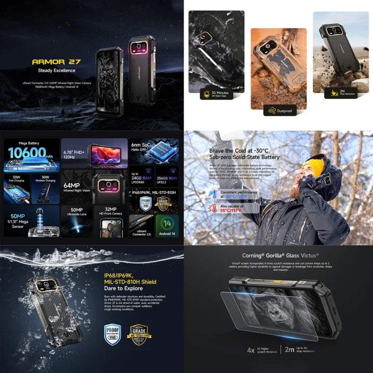 Ulefone Armor 27 ラギッドフォン、12GB+256GB、ナイトビジョン、10600mAh、6.78インチ Android 14 MediaTek Helio G99 オクタコア、ネットワーク：4G、NFC、OTG、Armor 27
