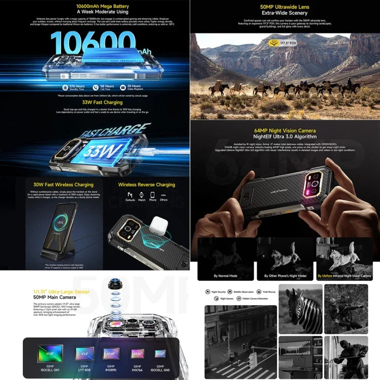 Ulefone Armor 27 ラギッドフォン、12GB+256GB、ナイトビジョン、10600mAh、6.78インチ Android 14 MediaTek Helio G99 オクタコア、ネットワーク：4G、NFC、OTG、Armor 27