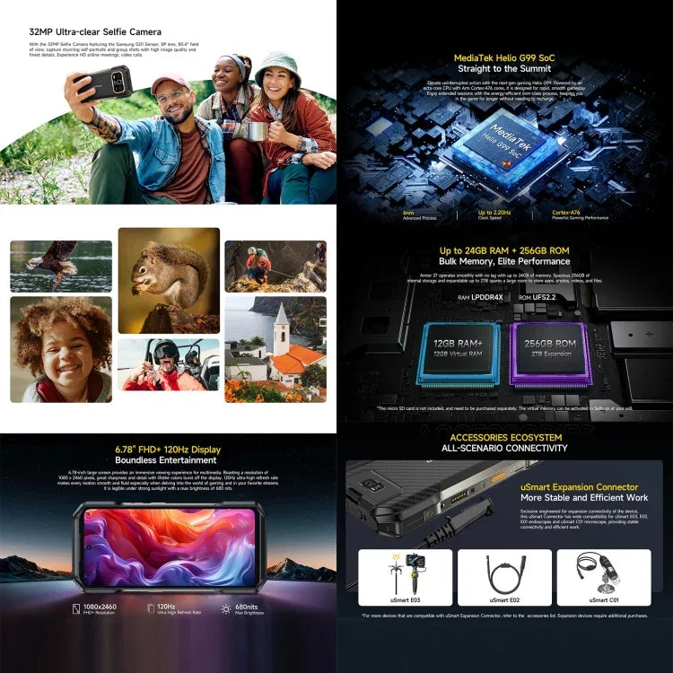 Ulefone Armor 27 ラギッドフォン、12GB+256GB、ナイトビジョン、10600mAh、6.78インチ Android 14 MediaTek Helio G99 オクタコア、ネットワーク：4G、NFC、OTG、Armor 27