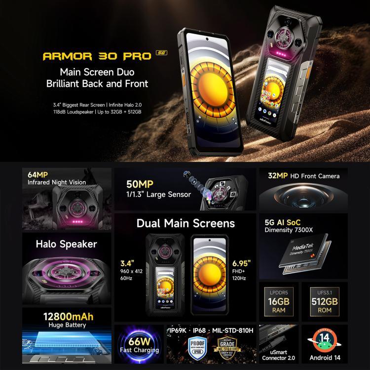 Ulefone Armor 30 Pro 耐衝撃スマホ、16GB+512GB、ナイトビジョン、6.95インチ＋3.4インチ デュアルスクリーン、Android 14、MediaTek Dimensity 7300X オクタコア、ネットワーク：5G、OTG、NFC、Armor 30 Pro