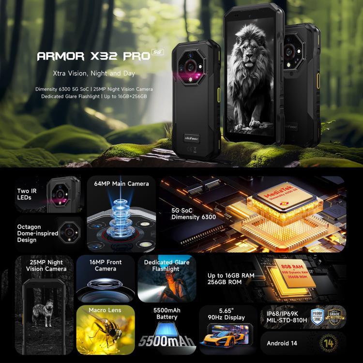 Ulefone Armor X32 Pro 5G、8GB+256GB、ナイトビジョン、IP68/IP69K 耐衝撃スマホ、5.65インチ、Android 14、MediaTek Dimensity 6300 オクタコア、ネットワーク：5G、NFC、OTG、Armor X32 Pro 5G