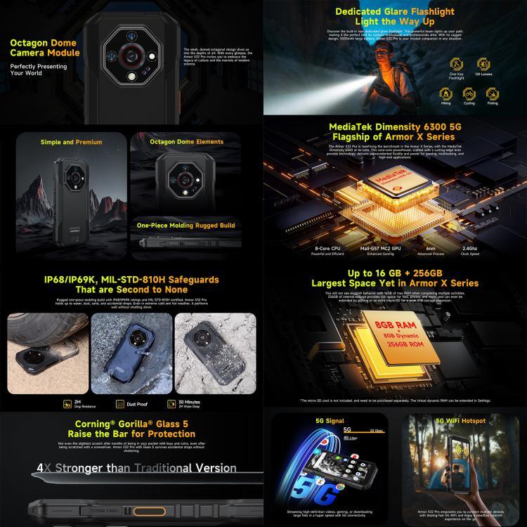 Ulefone Armor X32 Pro 5G、8GB+256GB、ナイトビジョン、IP68/IP69K 耐衝撃スマホ、5.65インチ、Android 14、MediaTek Dimensity 6300 オクタコア、ネットワーク：5G、NFC、OTG、Armor X32 Pro 5G