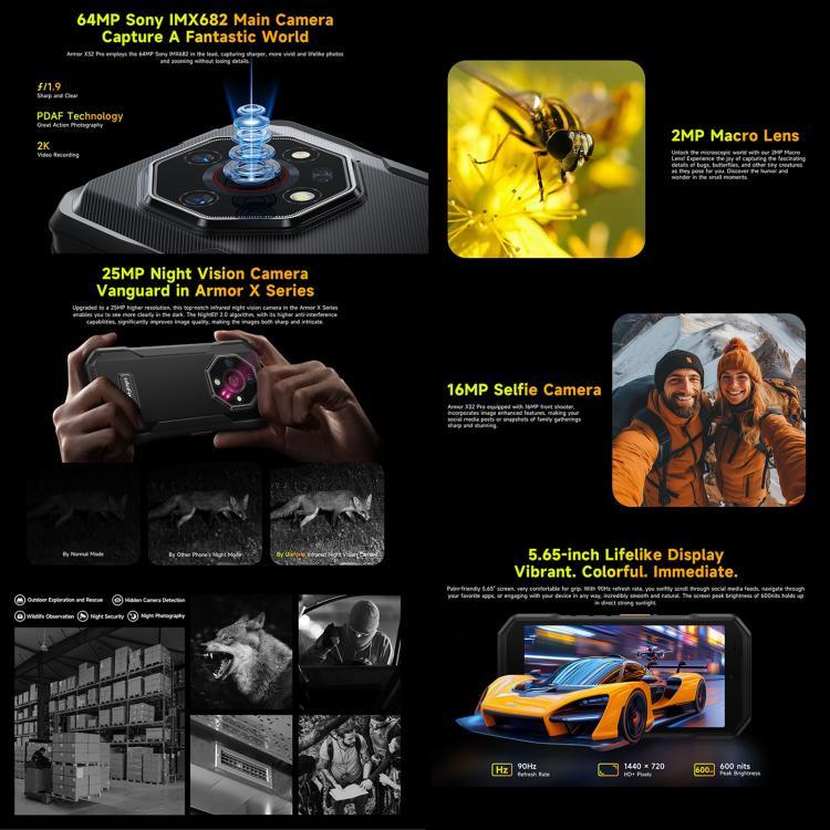 Ulefone Armor X32 Pro 5G、8GB+256GB、ナイトビジョン、IP68/IP69K 耐衝撃スマホ、5.65インチ、Android 14、MediaTek Dimensity 6300 オクタコア、ネットワーク：5G、NFC、OTG、Armor X32 Pro 5G