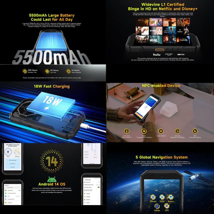 Ulefone Armor X32 Pro 5G、8GB+256GB、ナイトビジョン、IP68/IP69K 耐衝撃スマホ、5.65インチ、Android 14、MediaTek Dimensity 6300 オクタコア、ネットワーク：5G、NFC、OTG、Armor X32 Pro 5G