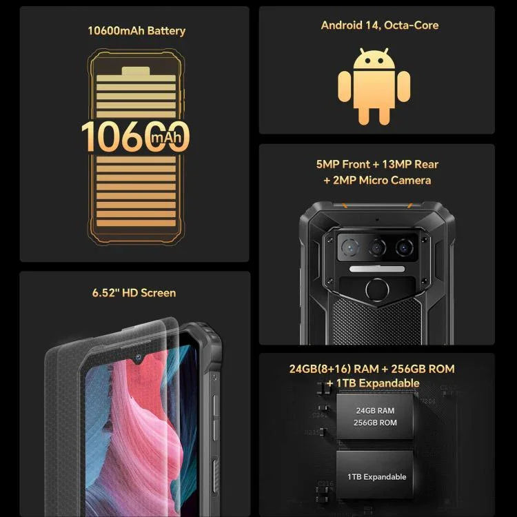 Oukitel WP23 Plus 耐衝撃スマホ、8GB+256GB、6.52インチ、Android 14.0、Unisoc T606 オクタコア、NFC、OTG、ネットワーク：4G、WP23 Plus 8GB+256GB