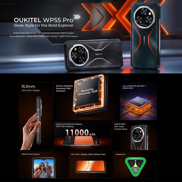 Oukitel WP55 Pro 5G 耐衝撃スマートフォン、16GB+512GB、108MPカメラ、指紋認証、6.6インチ Android 15 MediaTek Dimensity 7025 オクタコア、NFC、OTG、ネットワーク：5G、WP55 Pro