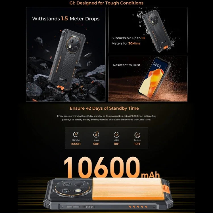 Oukitel G1 ラギッドフォン、6GB+256GB、指紋認証、6.52インチ Android 14 T606 オクタコア、NFC、OTG、ネットワーク：4G