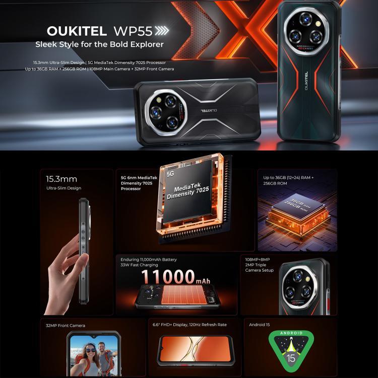 Oukitel WP55 5G 耐衝撃スマートフォン、12GB+256GB、108MPカメラ、指紋認証、6.6インチ MediaTek Dimensity 7025 オクタコア、NFC、OTG、ネットワーク：5G、WP55
