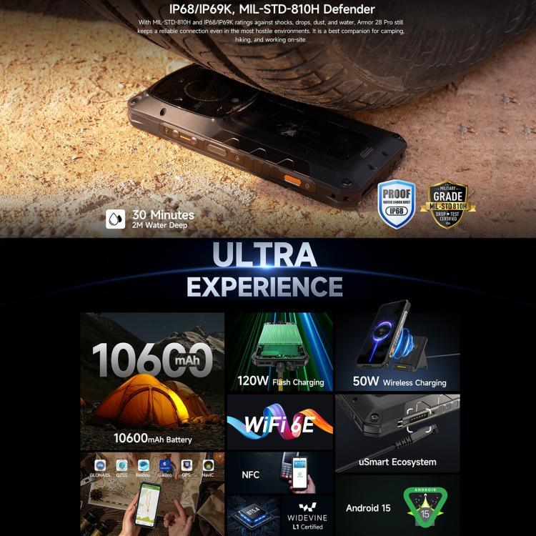 Ulefone Armor 28 Pro 耐衝撃スマートフォン、16GB+512GB、ナイトビジョン、10600mAh、6.67インチ + 1.04インチ Android 15 MediaTek Dimensity 7300 オクタコア、ネットワーク：5G、NFC