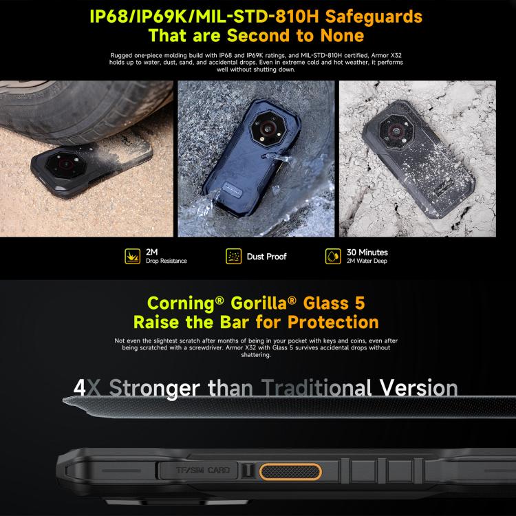 Ulefone Armor X32 耐衝撃スマートフォン、8GB+256GB、ナイトビジョン、5.65インチ Android 14 MediaTek Helio G91 オクタコア、ネットワーク：4G、NFC、OTG