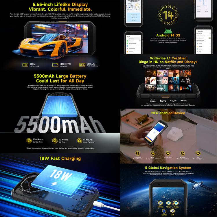 Ulefone Armor X32 耐衝撃スマートフォン、8GB+256GB、ナイトビジョン、5.65インチ Android 14 MediaTek Helio G91 オクタコア、ネットワーク：4G、NFC、OTG