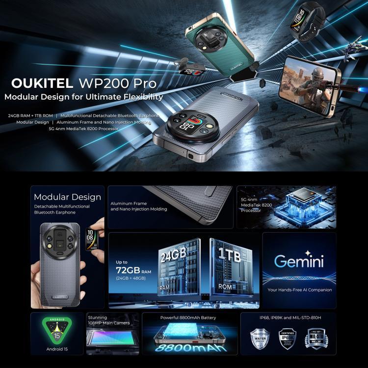 Oukitel WP200 Pro 5G 耐衝撃スマートフォン、24GB+1TB、画面指紋認証、6.7インチ Android 15.0 MTK Dimensity 8200 オクタコア、NFC、OTG、ネットワーク：5G