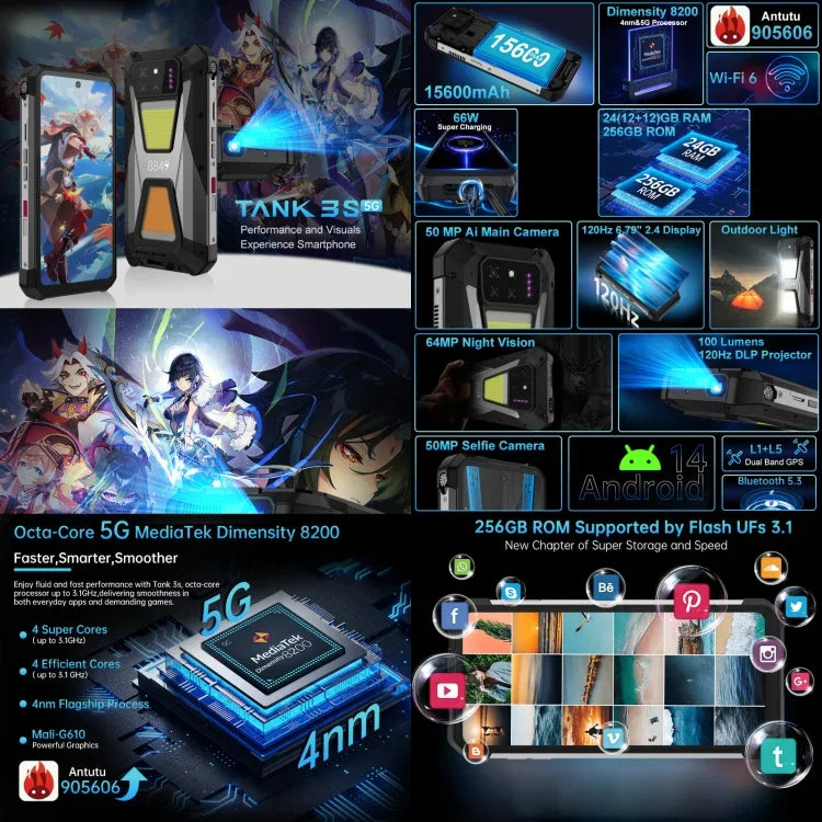 Unihertz 8849 Tank 3S ナイトビジョンプロジェクター 頑丈スマートフォン、12GB+256GB、6.79インチ Android 14 Dimensity 8200 オクタコア、ネットワーク：5G、Tank 3S 12GB+256GB
