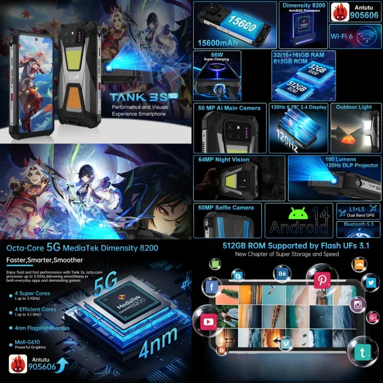 Unihertz 8849 Tank 3S ナイトビジョンプロジェクター 頑丈スマートフォン、16GB+512GB、6.79インチ Android 14 Dimensity 8200 オクタコア、ネットワーク：5G、Tank 3S 16GB+512GB