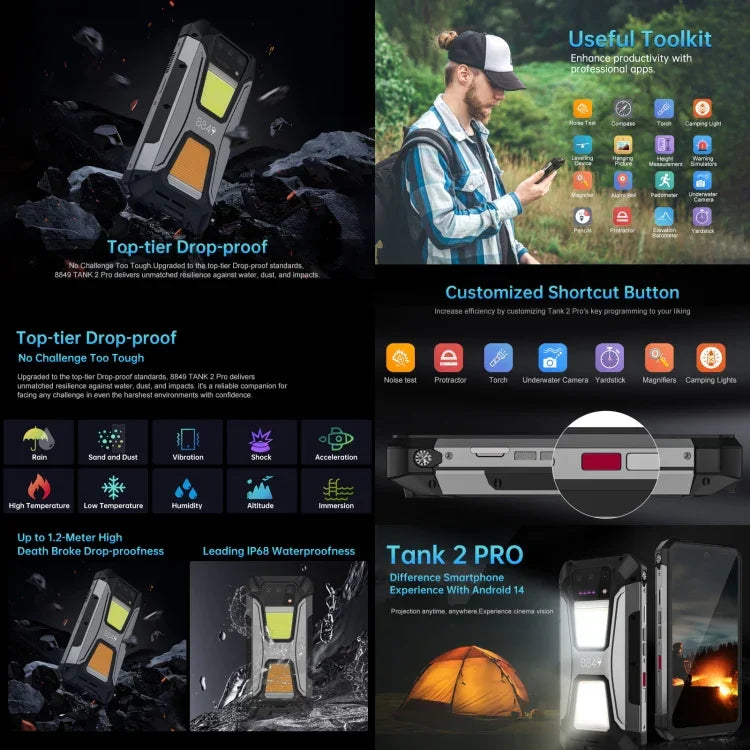 Unihertz 8849 Tank 2 Pro ナイトビジョンプロジェクター 頑丈スマートフォン、12GB+256GB、6.79インチ Android 14 MTK6789 オクタコア、ネットワーク：4G