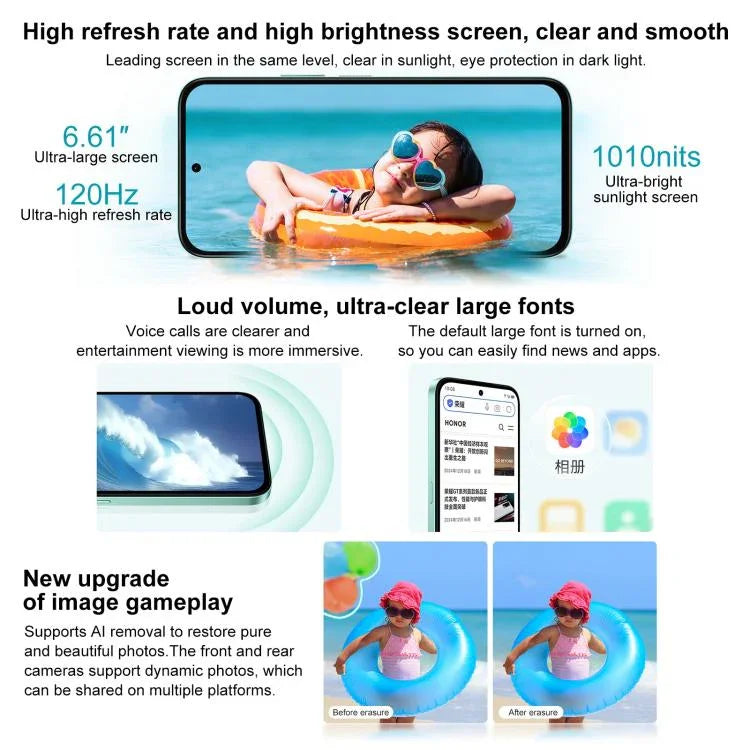 Honor Play 60、6GB+128GB、側面指紋認証、6.61インチ、MagicOS 9.0、Dimensity 6300 オクタコア、ネットワーク：5G、OTG、Play 60、6GB+128GB、6GB+128GB