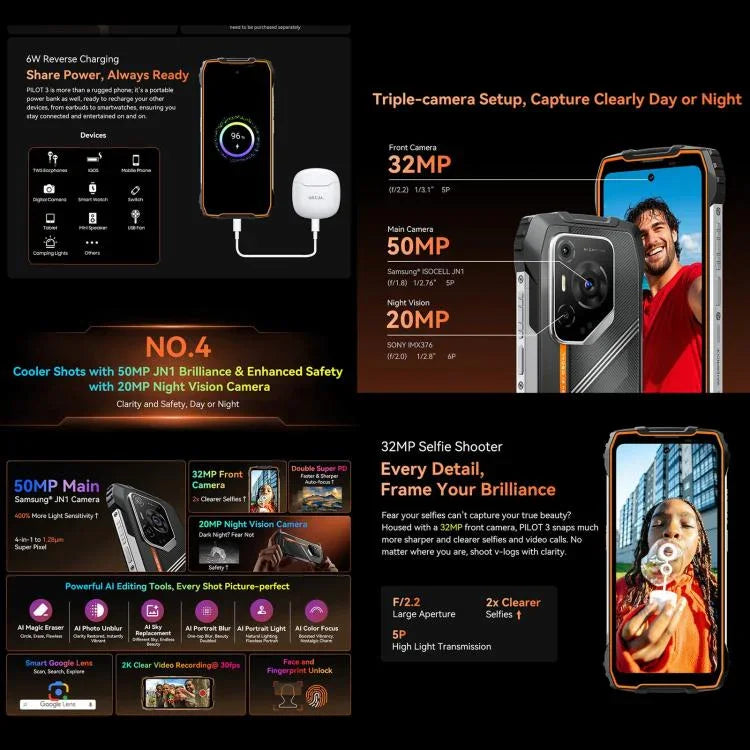 Blackview Oscal Pilot 3 5G 耐衝撃スマートフォン、12GB+256GB、ナイトビジョンカメラ、6.56インチ Android 15 MediaTek Dimensity 6300 オクタコア、ネットワーク：5G、OTG、NFC
