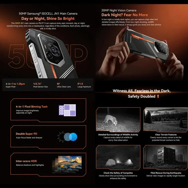 Blackview Oscal Pilot 3 5G 耐衝撃スマートフォン、12GB+256GB、ナイトビジョンカメラ、6.56インチ Android 15 MediaTek Dimensity 6300 オクタコア、ネットワーク：5G、OTG、NFC