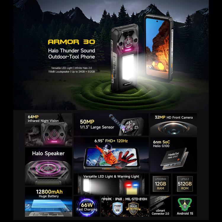 Ulefone Armor 30、12GB+512GB、ナイトビジョン、IP68/IP69K 耐衝撃スマートフォン、6.95インチ Android 15 MediaTek Helio G100 オクタコア、ネットワーク：4G、NFC、OTG、Armor 30