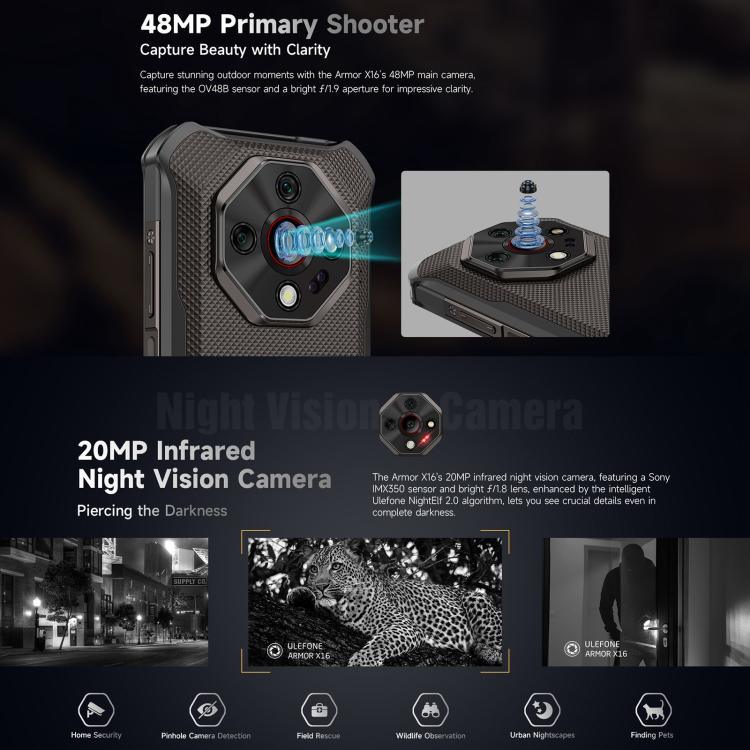 Ulefone Armor X16、6GB+128GB、ナイトビジョン、IP68/IP69K 耐衝撃スマートフォン、6.56インチ Android 15 MediaTek Helio G91 オクタコア、ネットワーク：4G、NFC、OTG、Armor X16、6GB+128GB