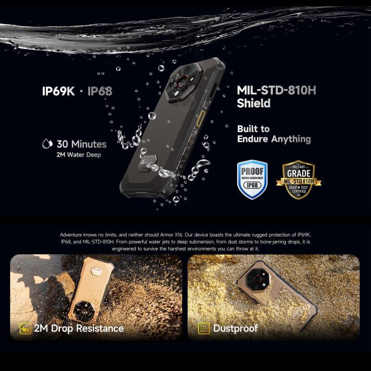 Ulefone Armor X16、6GB+128GB、ナイトビジョン、IP68/IP69K 耐衝撃スマートフォン、6.56インチ Android 15 MediaTek Helio G91 オクタコア、ネットワーク：4G、NFC、OTG、Armor X16、6GB+128GB