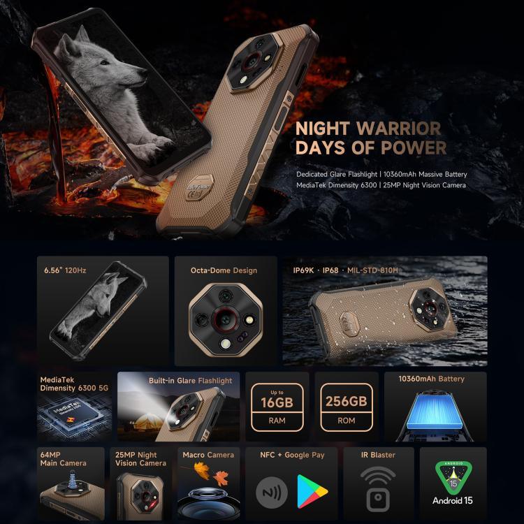 Ulefone Armor X16 Pro、5GB+256GB、ナイトビジョン、IP68/IP69K 耐衝撃スマートフォン、6.56インチ Android 15 MediaTek Dimensity 6300 オクタコア、ネットワーク：5G、NFC、OTG、Armor X16 Pro、8GB+256GB