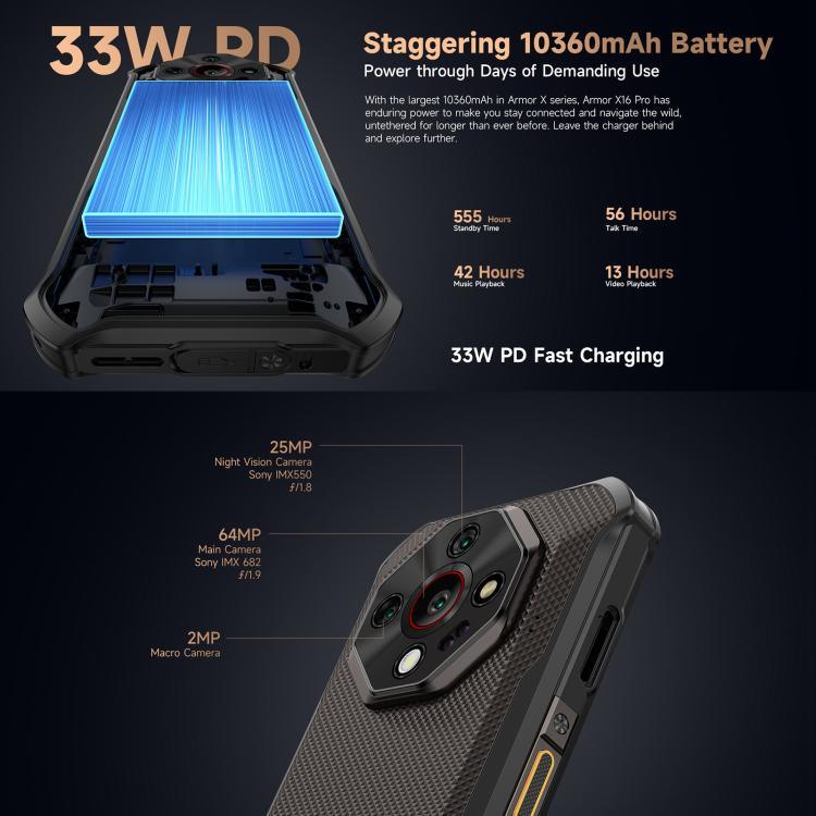 Ulefone Armor X16 Pro、5GB+256GB、ナイトビジョン、IP68/IP69K 耐衝撃スマートフォン、6.56インチ Android 15 MediaTek Dimensity 6300 オクタコア、ネットワーク：5G、NFC、OTG、Armor X16 Pro、8GB+256GB