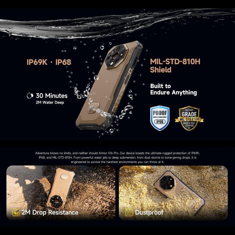Ulefone Armor X16 Pro、5GB+256GB、ナイトビジョン、IP68/IP69K 耐衝撃スマートフォン、6.56インチ Android 15 MediaTek Dimensity 6300 オクタコア、ネットワーク：5G、NFC、OTG、Armor X16 Pro、8GB+256GB