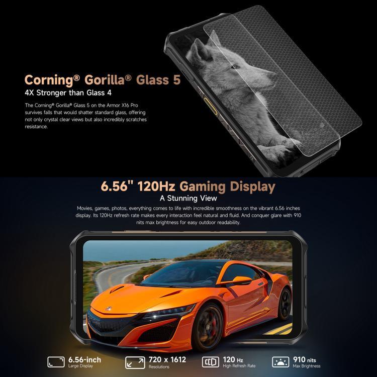 Ulefone Armor X16 Pro、5GB+256GB、ナイトビジョン、IP68/IP69K 耐衝撃スマートフォン、6.56インチ Android 15 MediaTek Dimensity 6300 オクタコア、ネットワーク：5G、NFC、OTG、Armor X16 Pro、8GB+256GB