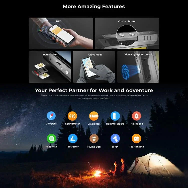 Oukitel WP100 レーザー距離計搭載耐衝撃スマートフォン、12GB+512GB、200MPカメラ、指紋認証、6.8インチ Android 14 MediaTek Dimensity 7300 オクタコア、NFC、OTG、ネットワーク：5G、WP100