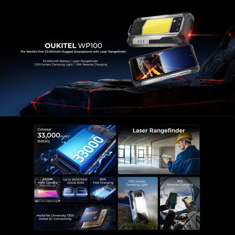 Oukitel WP100 レーザー距離計搭載耐衝撃スマートフォン、12GB+512GB、200MPカメラ、指紋認証、6.8インチ Android 14 MediaTek Dimensity 7300 オクタコア、NFC、OTG、ネットワーク：5G、WP100