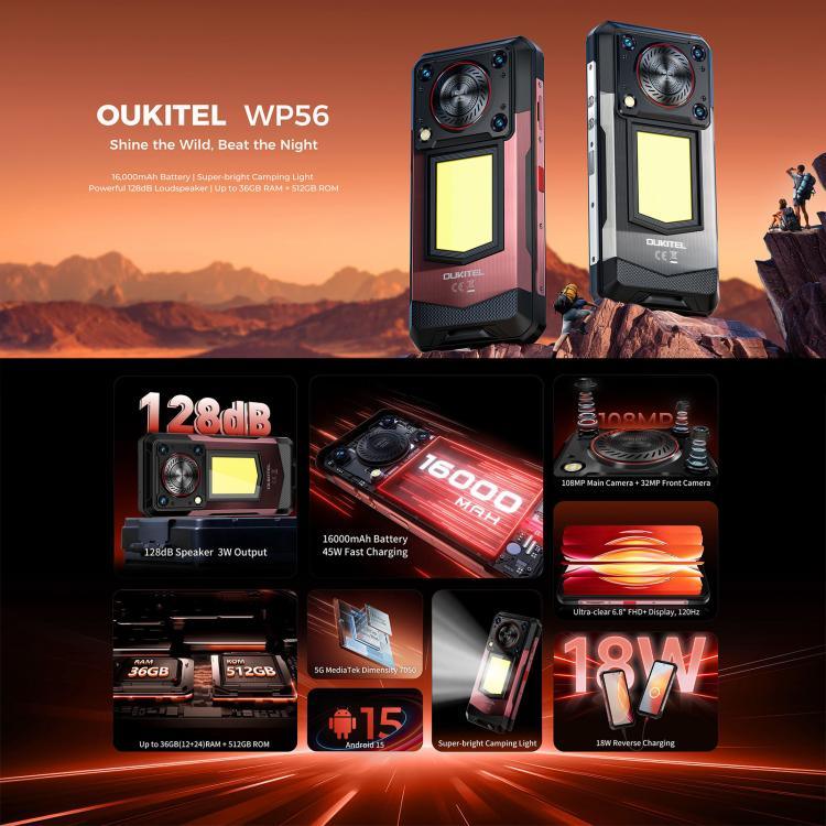 Oukitel WP56 耐衝撃スマートフォン、12GB+512GB、108MPカメラ、指紋認証、6.8インチ Android 15 MTK Dimensity 7050 オクタコア、NFC、OTG、ネットワーク：5G